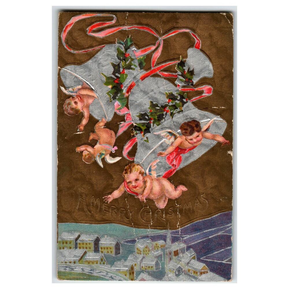 1916 Embossed Christmas Postcard Cherubs Bells Holly Snowy Village